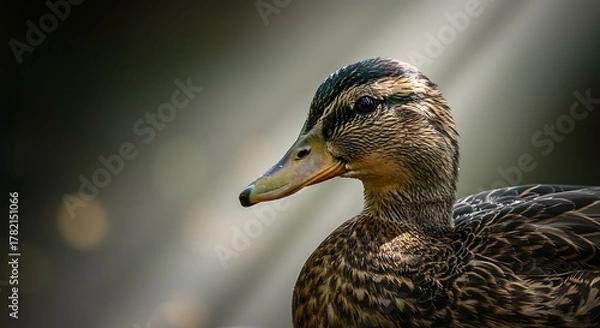 Fototapeta Close-up profile of a duck with detailed feathers, eye, and beak, with light rays