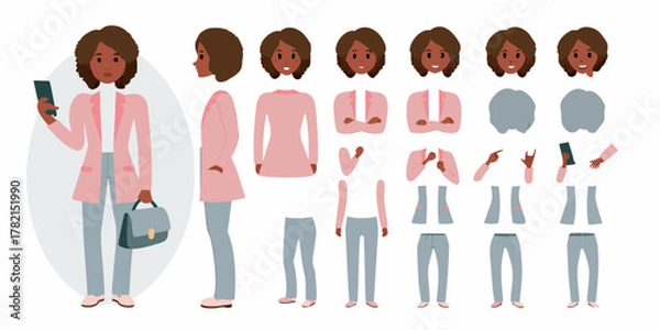 Obraz African american woman character creator kit with various poses outfits and accessories
