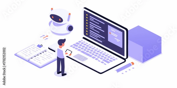 Fototapeta Person working with a laptop and robot in a modern isometric workspace with open book and cube