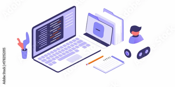 Fototapeta Isometric illustration of a laptop with coding on screen files notebook pencil and a stylized person and robot