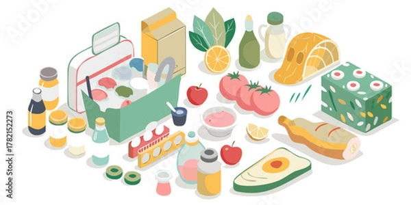 Fototapeta Isometric collection of fresh food items and kitchen essentials arranged on a black background