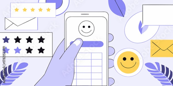 Fototapeta Customer feedback and satisfaction survey on a smartphone with star ratings and smiley faces