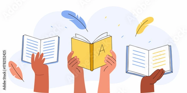 Fototapeta Diverse hands hold open books with feathers floating around symbolizing learning and knowledge