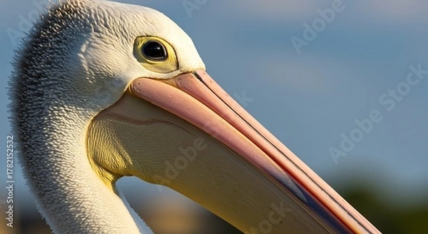 Fototapeta Close-up profile of a pelican's head and beak against a blurred blue sky