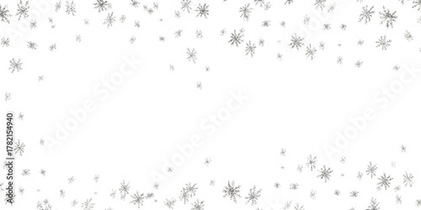Fototapeta A silver frame made of falling snowflakes. Snowflakes made of silver foil. Silver glitter, stars, flakes of snow. Congratulations banner, website design, poster design, postcard Winter 2026.