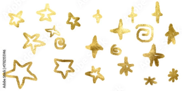 Fototapeta Set Various stars golden drawn asterisks and star shapes.Gold brush drawn asterisks,png funky geometric figures stars. Grunge bold and thin forms. Naive playful typography design elements.Rough stars.