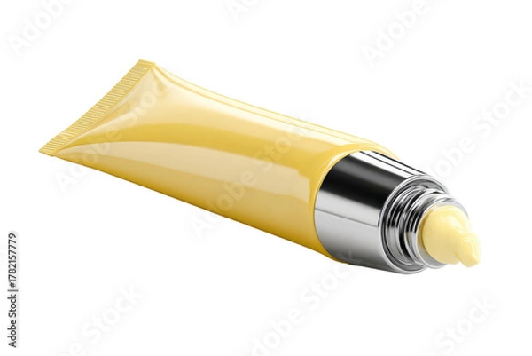 Fototapeta Cosmetic Cream Tube: An elegantly designed yellow cosmetic cream tube is showcased, offering a glimpse of the product, embodying purity and elegance.