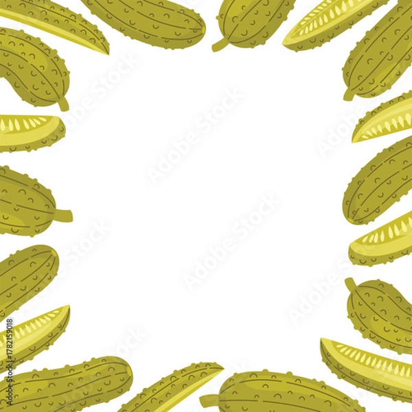 Obraz Pickles square frame. Pickled cucumbers an cucumber slices border. Fermented vegetables decoration. Food vector illustration isolated on white background.