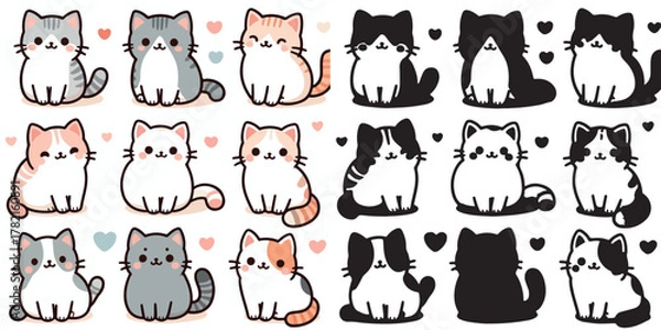 Fototapeta Set of cute cat vectors and shilhouttes on a white background