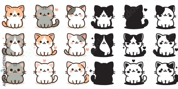 Fototapeta Set of cute cat vectors and shilhouttes on a white background