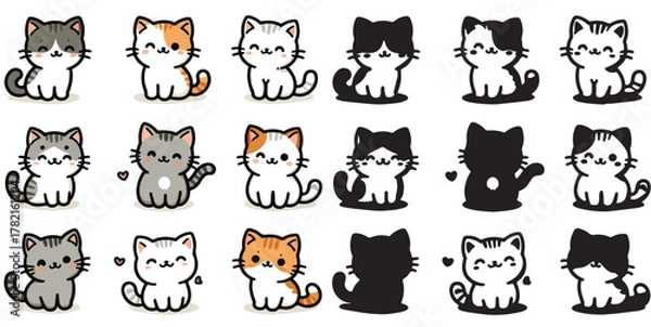 Fototapeta Set of cute cat vectors and shilhouttes on a white background