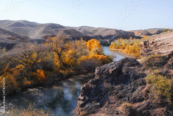 Fototapeta The Charyn River in the Kurtogai tract. Golden autumn has painted the shores, creating a picturesque contrast with the rocky hills and turquoise waters.