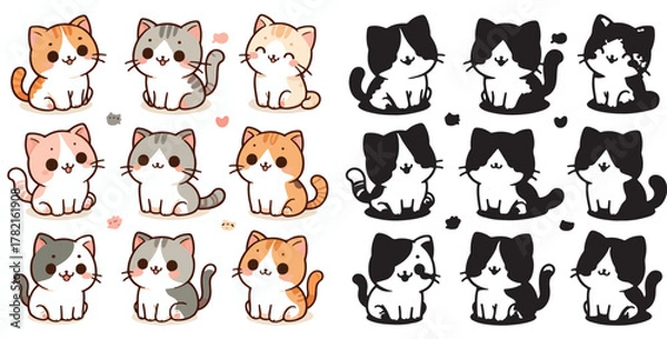 Fototapeta Set of cute cat vectors and shilhouttes on a white background