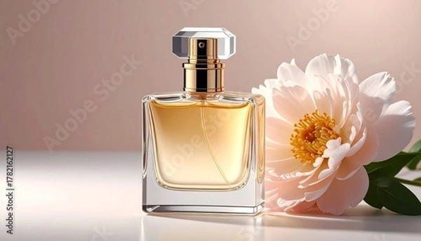 Obraz Perfume bottle with golden liquid rests beside a peony with leaves on a neutral surface, soft pink background
