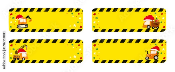 Obraz cute set of blank empty kids christmas xmas yellow under construction heavy machinery vehicle design for Name Label birthday gift tag party sticker colorful crayon doodle watercolor illustration