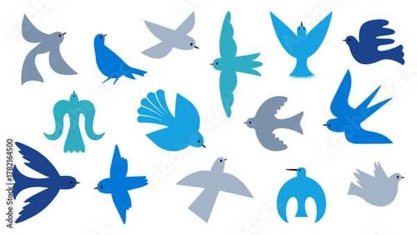 Fototapeta Simple birds silhouettes. Modern art style flying bird, dove and swallow. Minimalistic style pigeon, decorative scandinavian folk nowaday vector set