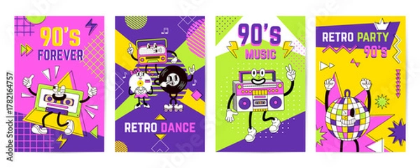 Fototapeta Music retro groovy banners. 80s 90s vibrant poster with cute characters, disco ball, vinyl record, cassette. Nostalgia party neoteric vector template