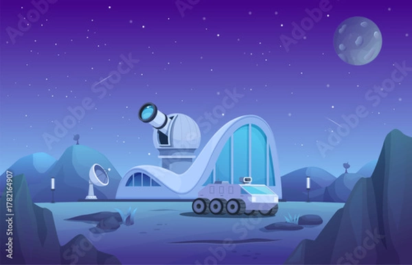 Obraz Space station on planet in universe. Cosmic futuristic city, astronomical scientific research. Observatory with telescope, planet rover, sapid vector scene