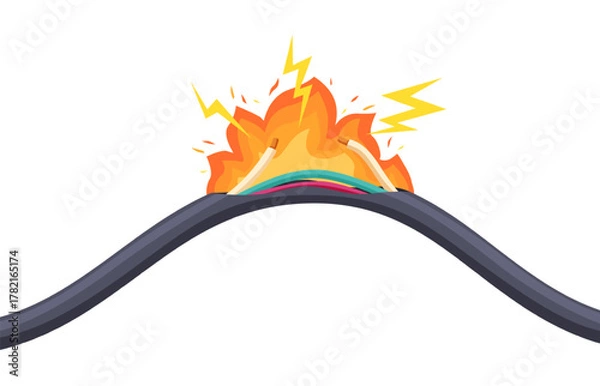 Obraz Electrical short circuit background. Burning uninsulated cable, household office power grid failure. Damaged wire with fire flame, sapid vector element