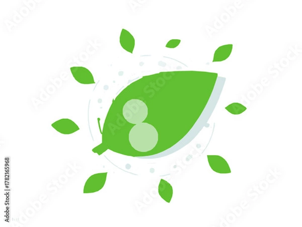 Obraz A flat 2D vector illustration showcasing a large, vibrant green leaf, adorned with two clear, perfectly spherical water droplets resting on its surface. Ideal for eco-friendly or nature-themed concept