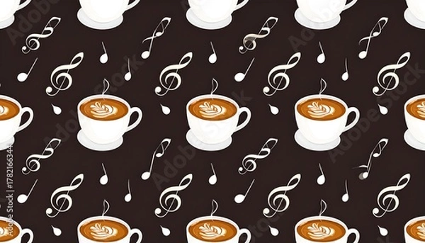 Obraz Pattern with cups of latte art and musical notes on a dark brown background. Vector repeat