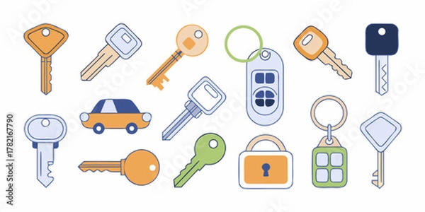 Fototapeta Collection of flat design keys car remote key fob and padlock illustrations on white background