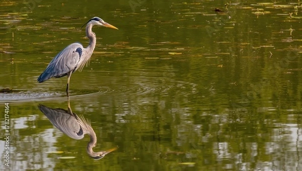 Obraz Solitary Large Wading Bird Hunting in Calm Water with Mirror Image