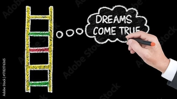 Fototapeta Creative Concept of a Ladder Symbolizing Progress with a Hand Writing Dreams Come True on a Chalkboard Background