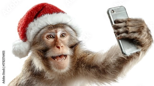 Obraz monkey earing Santa Claus hat and taking selfie isolated on white background 