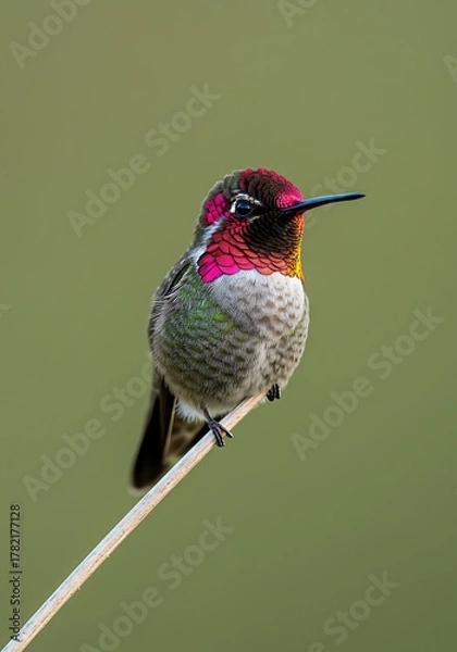 Obraz Annas Hummingbird Perched on a Thin Branch Against a Soft Green Background.