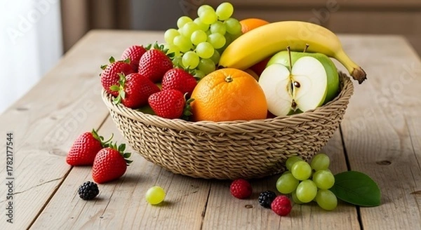 Obraz Basket of Fresh Fruits on a Wooden Table.