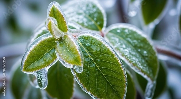 Fototapeta Close up of green leaves covered in ice after a winter storm.