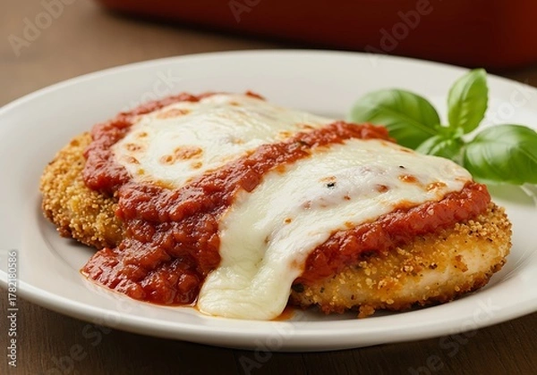 Obraz Delicious Chicken Parmesan with Melted Mozzarella and Rich Tomato Sauce.