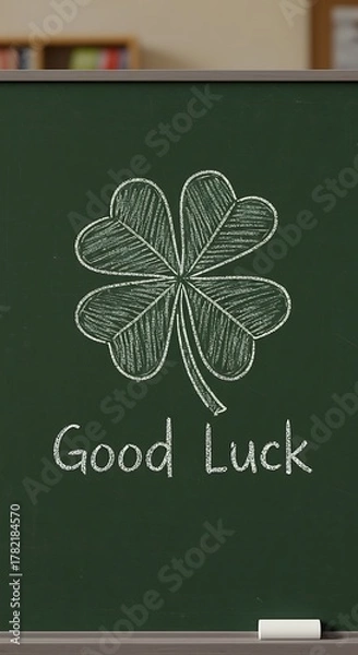 Obraz Hand-drawn clover and 'Good Luck' message on a classroom chalkboard