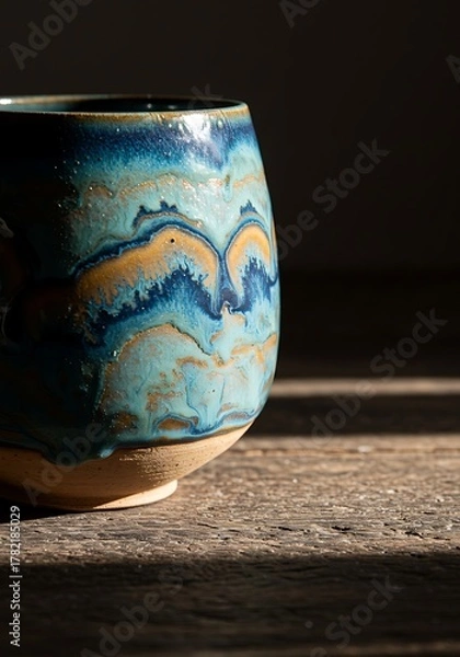Obraz Handmade Ceramic Pottery Cup with Swirling Blue and Orange Glaze.