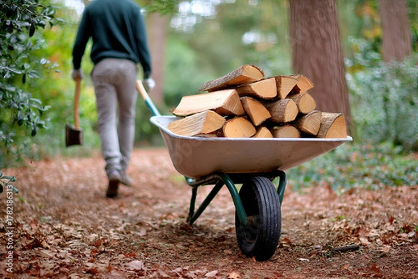 Fototapeta Autumn firewood gathering in forest pathway for cozy home preparation