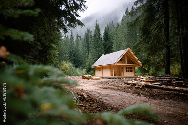 Fototapeta Cozy wooden cabin in serene forest clearing with mountain background