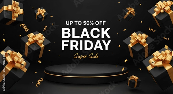 Fototapeta Black friday background with gift box and ribbon golden luxury, Realistic showing podium. 3d vector illustration.