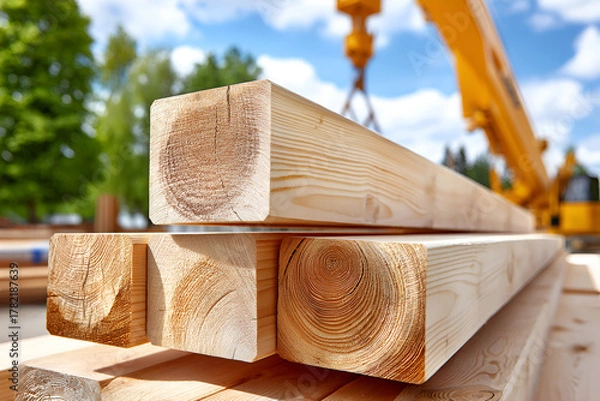 Fototapeta Construction site with stacked timber beams and crane under blue sky