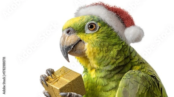 Obraz amazon parrot wearing Santa hat with gift box isolated on white background 