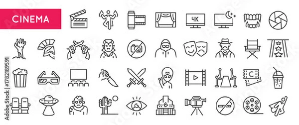 Fototapeta Cinema icons. Large set of cinema trendy minimal icons. Film, Clapper, Screen, Popcorn, Mask, Camera, Ticket icon. Design signs for web page, mobile app, packaging design. Vector illustration
