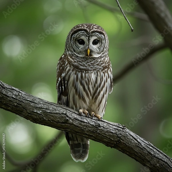 Obraz Majestic Barred Owl Perched on a Branch in a Lush Forest.