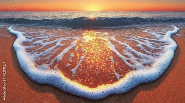 Fototapeta Sunrise over gentle waves lapping on a sandy shore; light reflects and sparkles