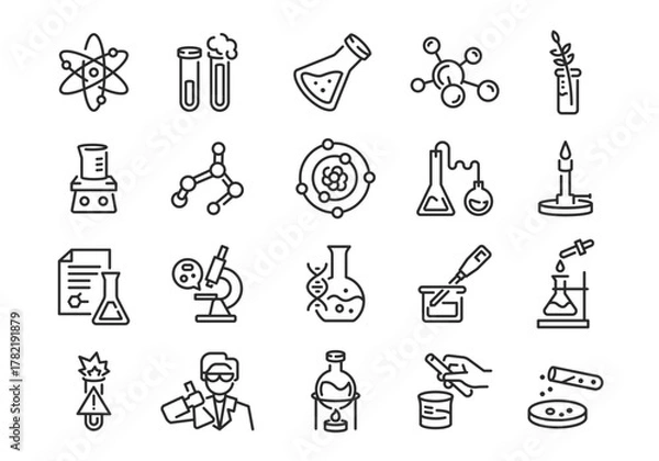 Fototapeta Chemistry icons. Set of 20 chemistry trendy minimal icons. Atom, Microscope, Flask, Molecule, Testtube icon. Design signs for web page mobile app packaging design. Vector illustration