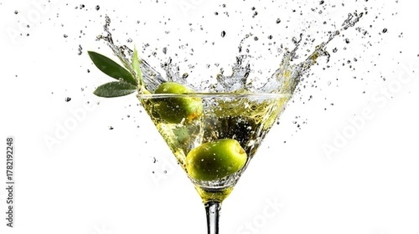 Obraz green olive splashes into the water in glass isolated on white background 