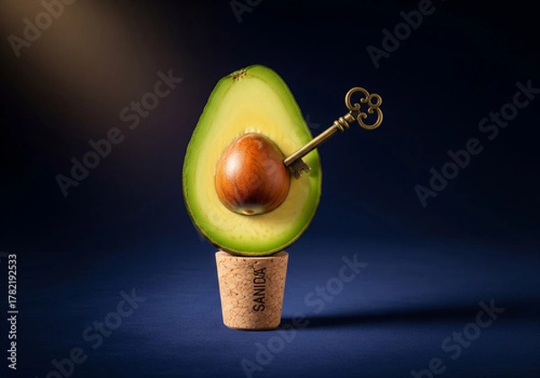 Obraz Surreal Avocado with Key Inserted into Seed on Cork Base