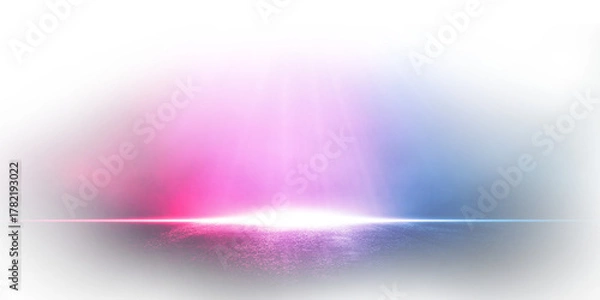 Fototapeta Transparent rays neon light on neon brick wall. Empty scene. Neon reflections on wet asphalt png.
