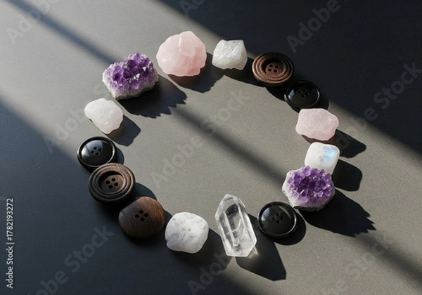 Obraz Symmetrical Crystal and Button Circle on Dark Surface with Sunlit Shadows