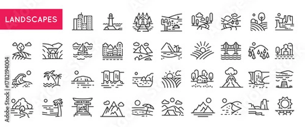 Fototapeta Landscapes icons. Large set of landscapes trendy minimal icons. Mountain, Island, Bridge, Volcano, Beach, Sunset icon. Design signs for web page, mobile app, packaging design. Vector illustration