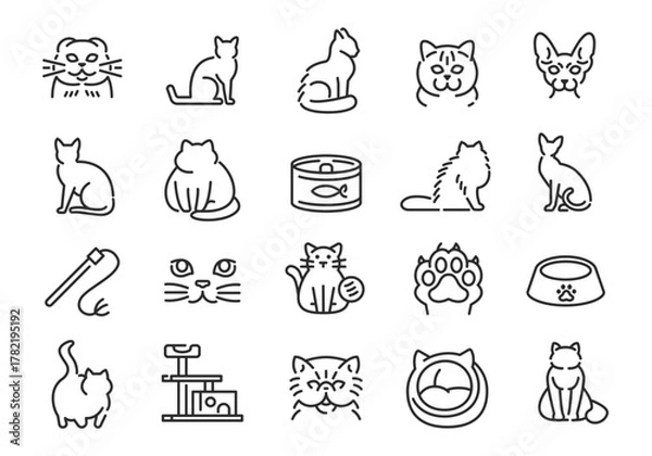 Fototapeta Cat icons. Set of 20 cat trendy minimal icons. Kitten, Paw, Bowl, Toy, Food icon. Design signs for web page mobile app packaging design. Vector illustration